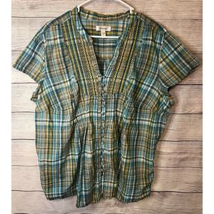 Dressbarn 3X Plaid Embroidered Blouse Top Teal Yellow Cotton Plus